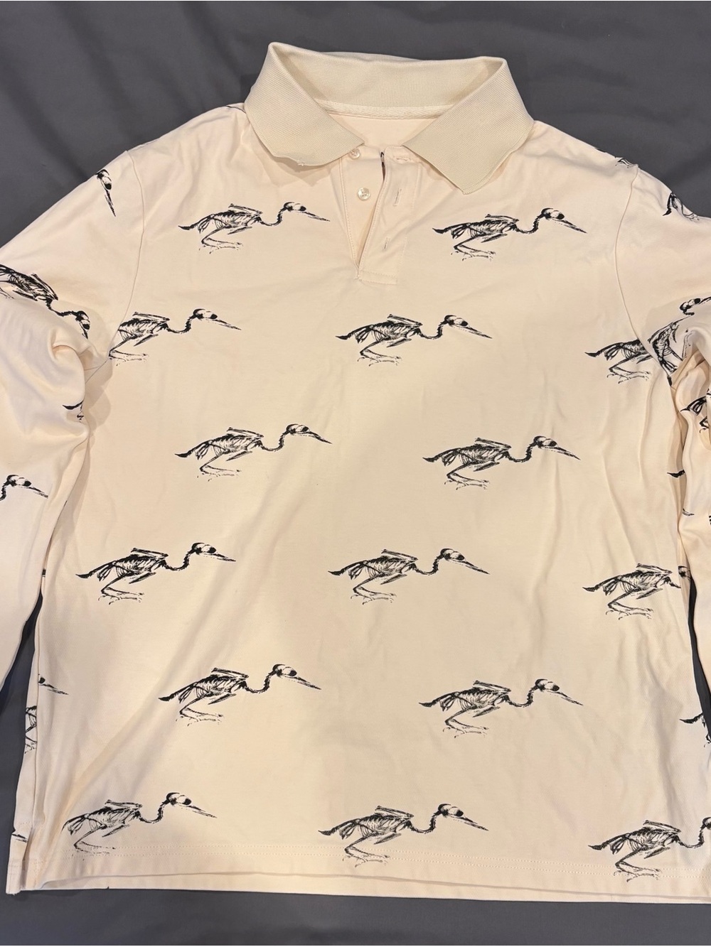 Manor Men's Cream Long-Sleeve Polo with Black Heron Print